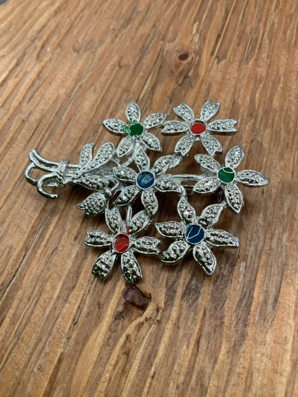 Floral Bouquet Vintage Red, Green & Blue Accents Silver-Tone Brooch